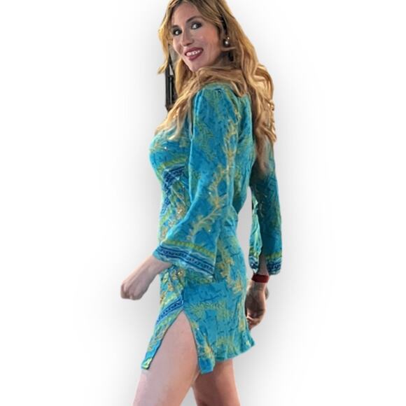 100% Upcycled Silk Indie Ella Embroidered Tunic - Turquoise - OS - Picture 3 of 10